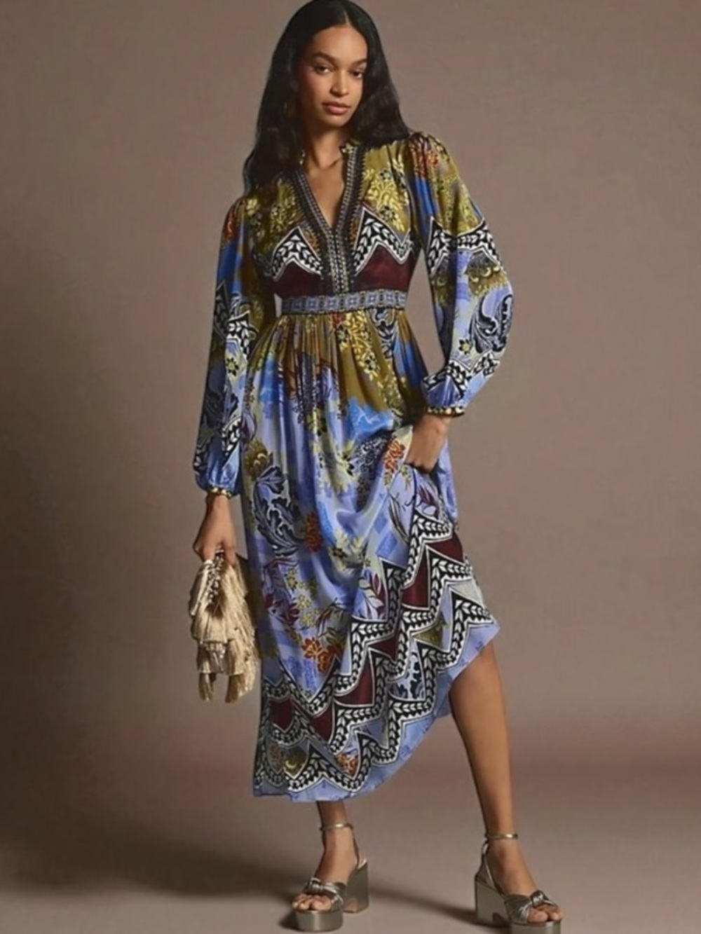 Anthropologie Bhanuni By Jyoti V-Neck Midi Dress Beaded Colorful 6P